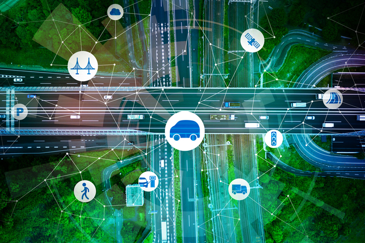 Transportation and technology concept. ITS (Intelligent Transport Systems). Mobility as a service.