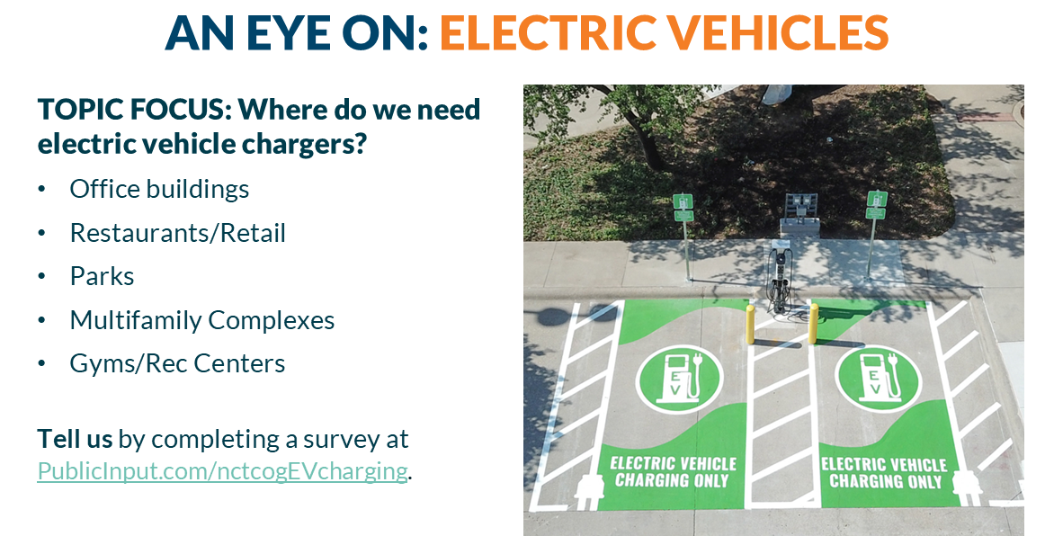 An aerial view shows two electric vehicle (EV) charging spots painted green with white EV symbols and text that says "ELECTRIC VEHICLE CHARGING ONLY." The charging spots are in a paved lot next to a grassy area with trees. A white sign with a green top and an EV symbol stands behind each charging spot.On the left side of the image, there is a title in large, orange, sans-serif font that reads "AN EYE ON: ELECTRIC VEHICLE CHARGING." Below the title, in smaller font, is a heading that asks, "WHERE DO WE NEED EV CHARGERS?" Below this heading is a bulleted list:Office buildingsRestaurants/RetailParksMultifamily ComplexesGyms/Rec CentersThe last line of text below the bullet points says, "Tell us by completing a survey at PublicInput.com/nctcogEVcharging."