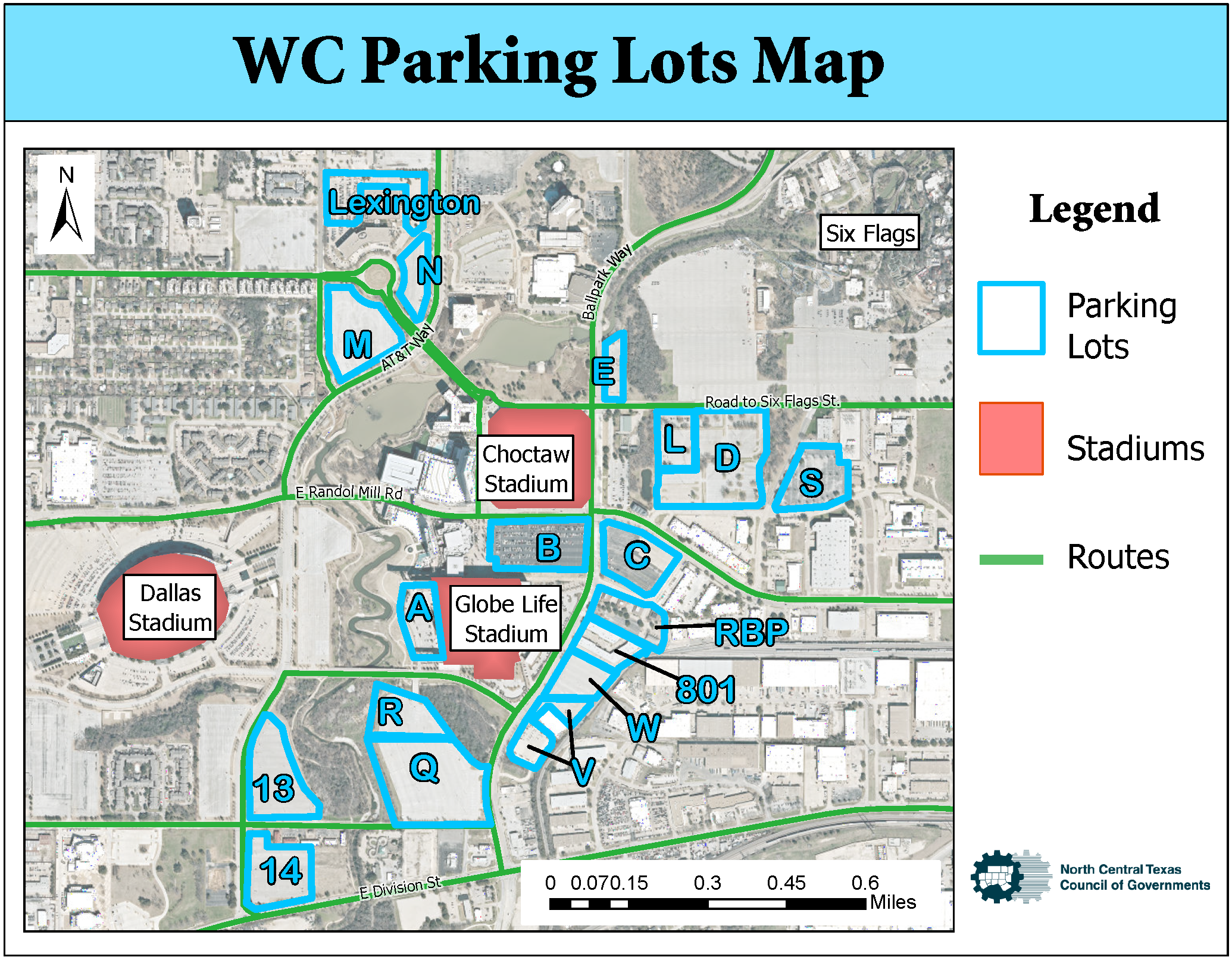 WorldCupParking26Image A regional traffic map detailing parking zones designated A through S for the Dallas stadium and Globe Life stadium area. The map includes major roadways such as N. Collins Street, E. Randol Mill Road, and Nolan Ryan Expressway. Parking zones are color-coded and outlined, with specific facilities labeled including the Live! Garage, Choctaw Stadium, and designated lettered zones (e.g., A, B, C, D, E, F, G, H, K, L, M, N, Q, R, S, T, V, W, 801, and 15). The map includes a directional compass pointing north and a scale bar representing 0.7 miles.