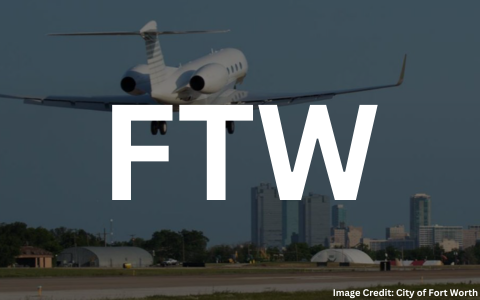 A jet taking off towards downtown Fort Worth
