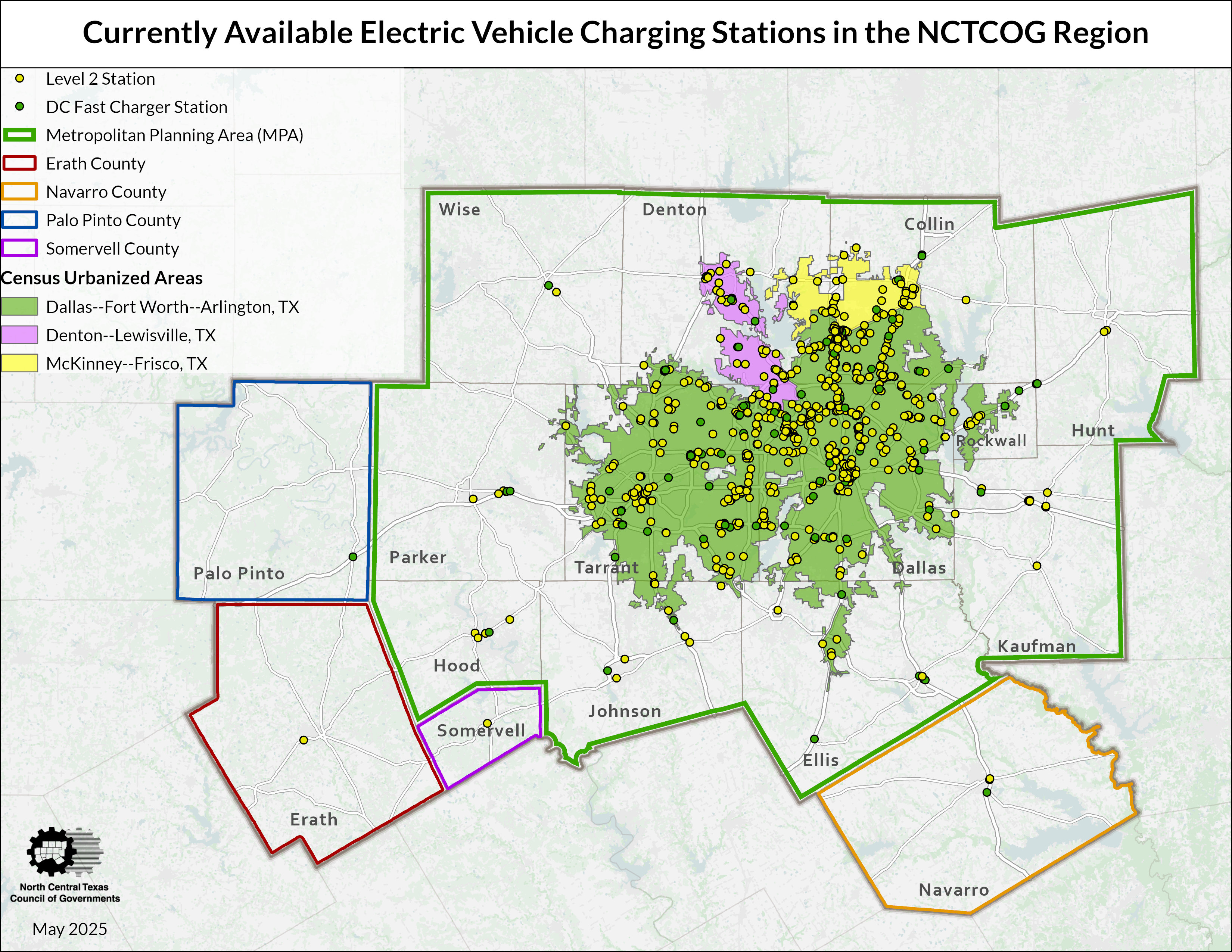 A map of the NCTCOG 16-county region with existing and planned electric vehicle charging stations.