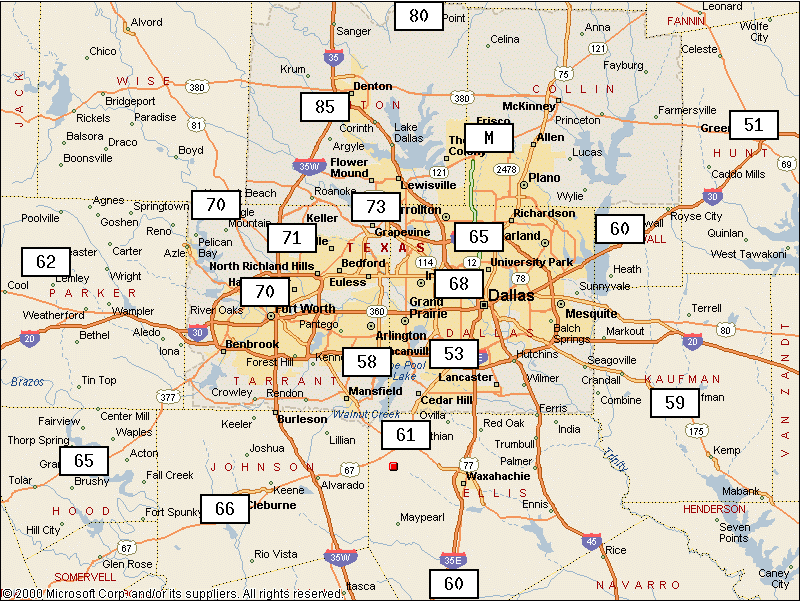 Map shows the current highest ozone 1-hour levels measured in parts per billion for each of the metropolitan areas in Texas where ozone is measured by the TCEQ.